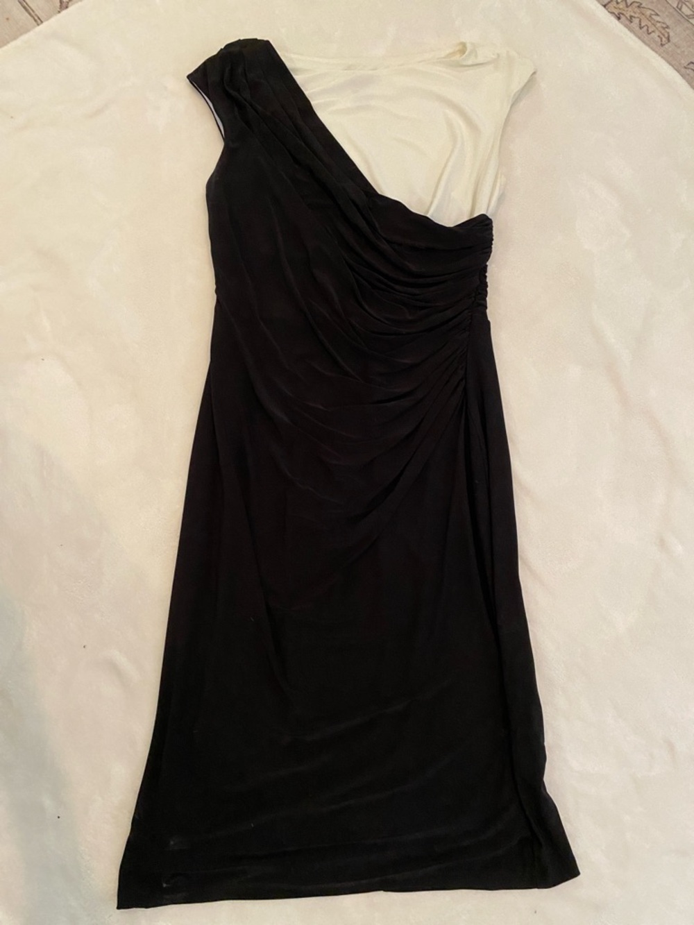 One-Shoulder Black and Cream Ruched Evening Dress
